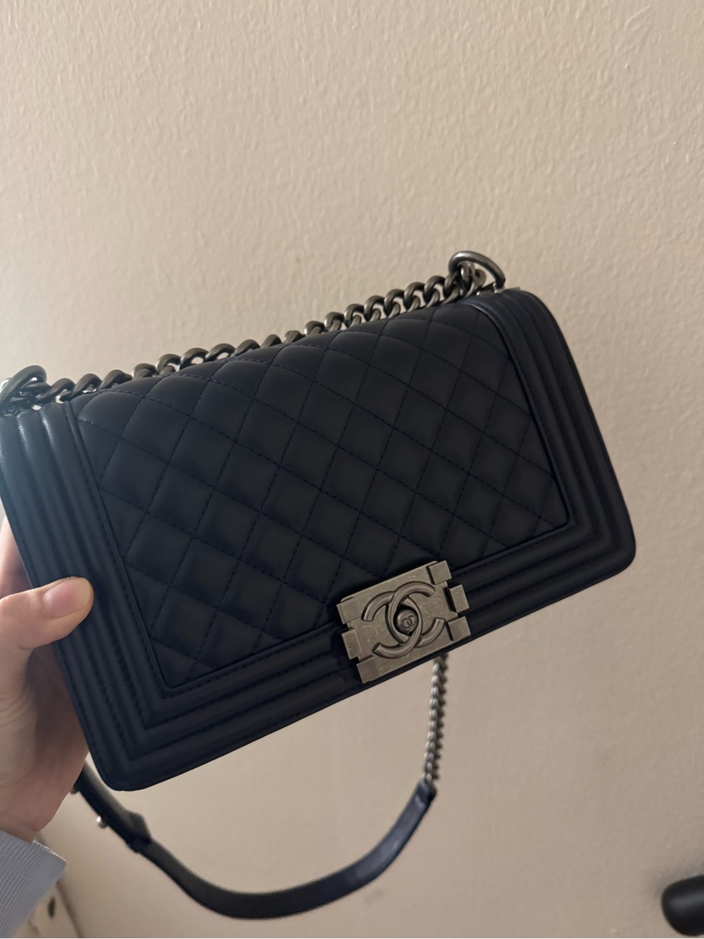 Navy Quilted Boy Style Shoulder Bag with Silver Hardware